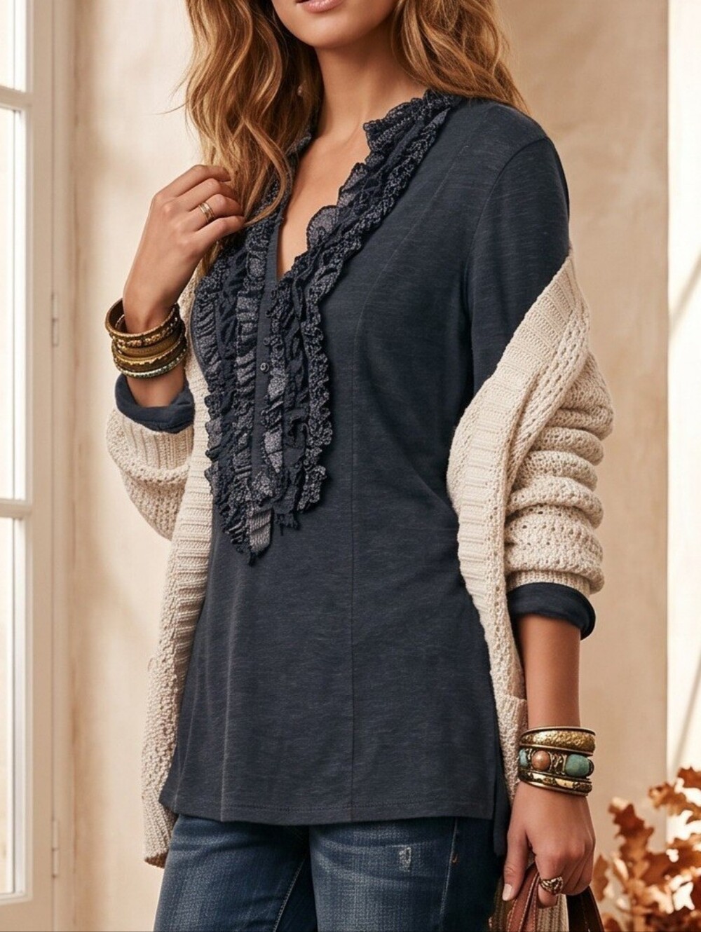 Anthropologie Deletta Charcoal Ruffle V-Neck Long Sleeve Top M